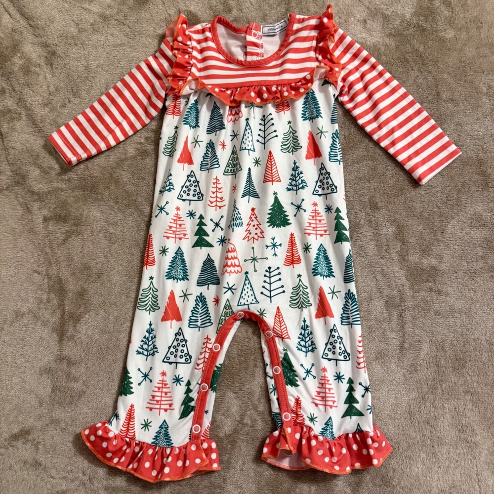 Little Millie Baby Girls Christmas Tree Romper Red Green White Ruffle 6M